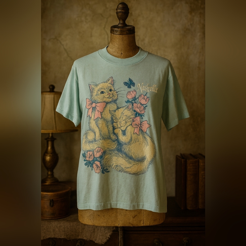 Vintage Cat Graphic T-Shirt • Nashville Print • Pastel Mint • USA Made